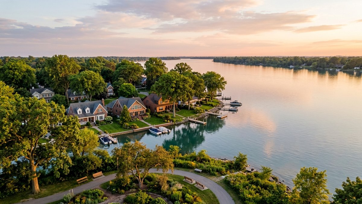 Grosse Ile river overlook and island residential character in editorial light. Useful for relocation and neighborhood posts.